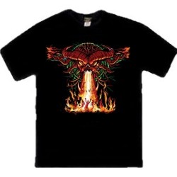 Demonic demolition red devil skull symbol with burning victims tee shirt