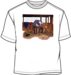Mother horse and calf in horse stall tees