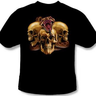 Striking rattlesnake with three skulls evil tee shirt